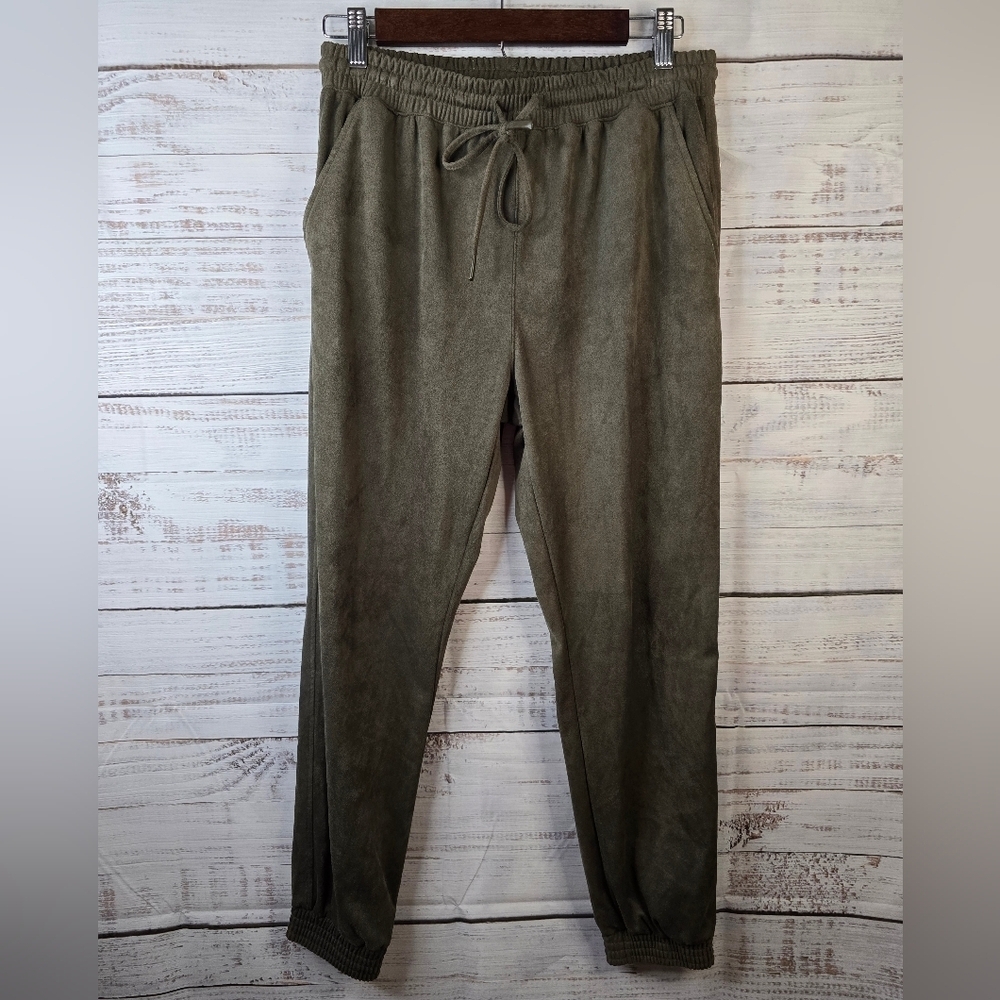One By Chapter One Olive Green Faux Suede Feeling Casaul Jogger‎ Pants Women SP